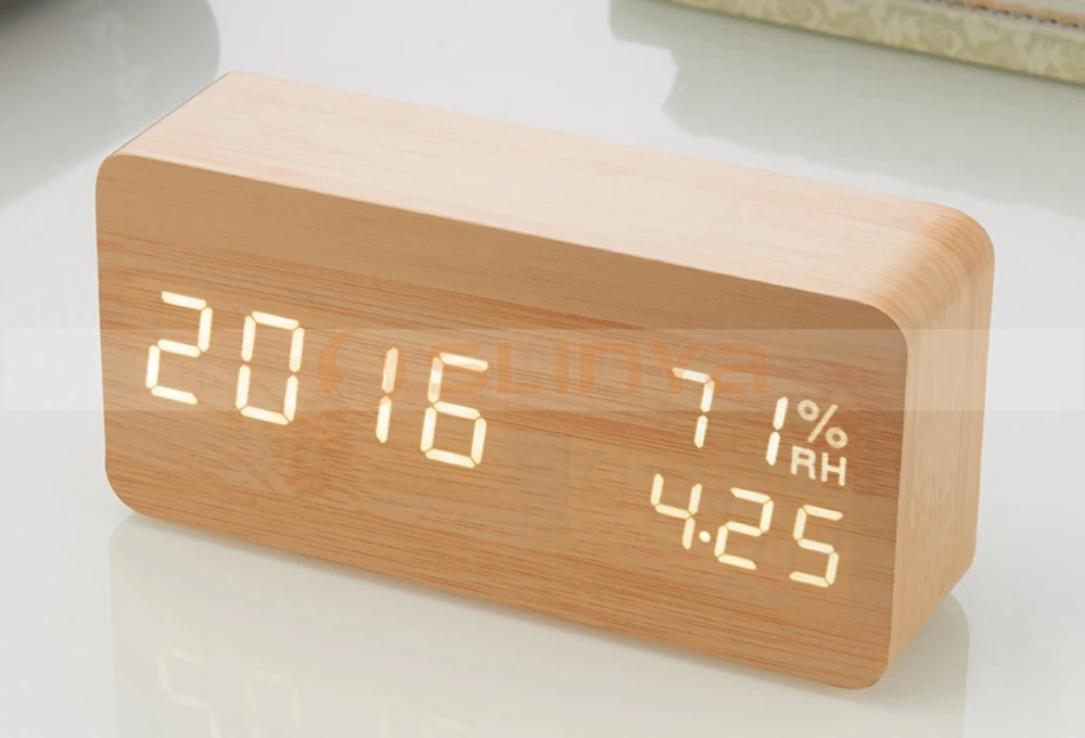 Wooden Alarm Clock Temperature Humidity Led Display Electronic Alarm ...