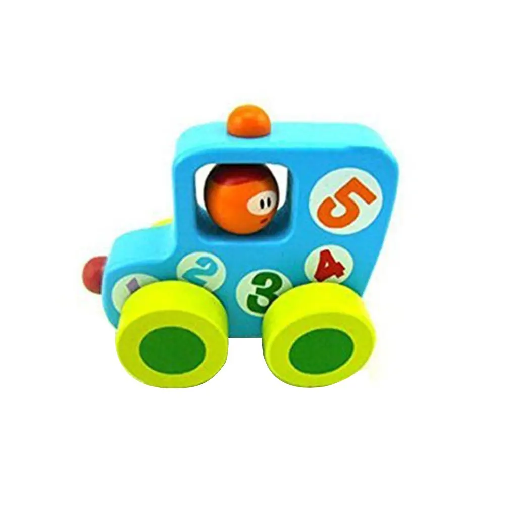 LUCKSTAR(TM) Educational Improvement Early Education Toy Push Around Car Mini Van Baby Wooden Mini Cute Cartoon Car Wood Inertia Toy Car (Blue Number)