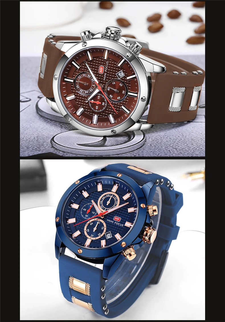 MINI FOCUS Chronograph Men's Watches Luxury Top Brand Quartz Watch Blue  Silicone Military Sports Wristwatch Relogios Clock 0349