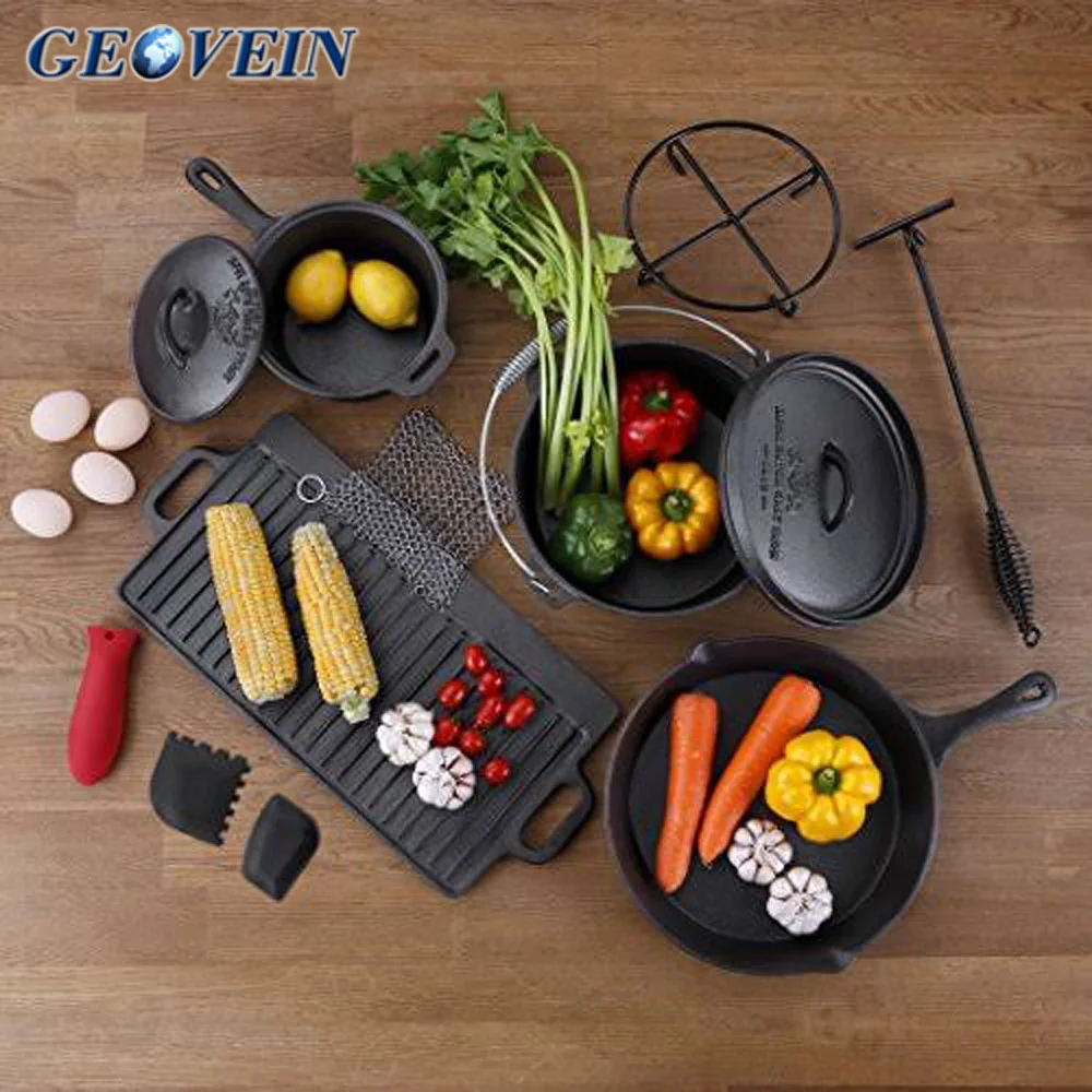 Outdoor Camping Gear 7pcs Cast Iron Cookware Sets Camping Cookware Sets