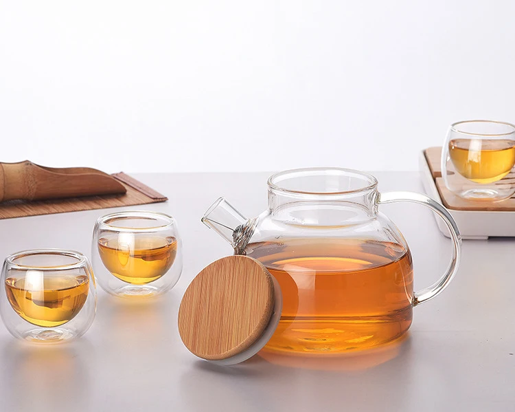 Heat Resistant Handmade Borosilicate Bamboo Lid Glass Teapot With Tea