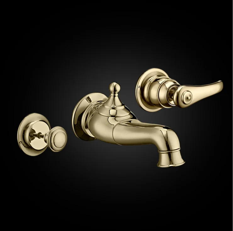 Golden Tap Brass Bathroom double Handles Basin Faucet Wall Mounted