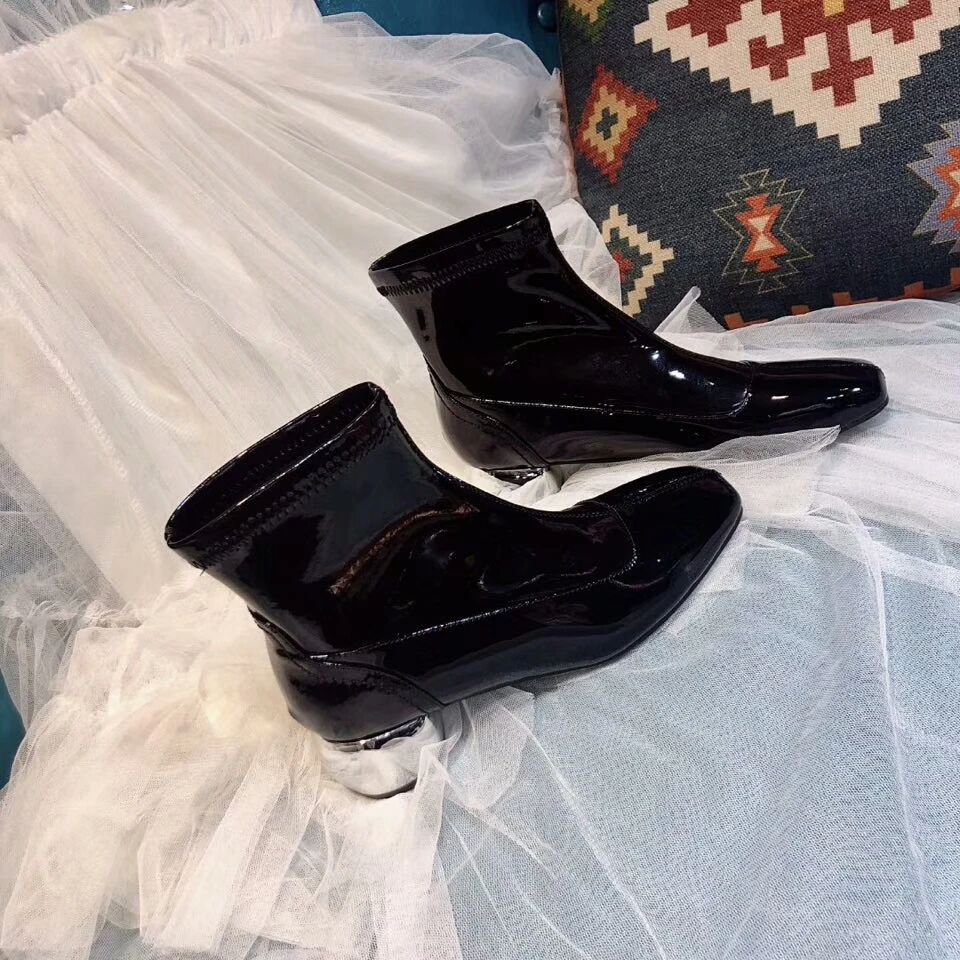 leather block heel square toe ankle boots