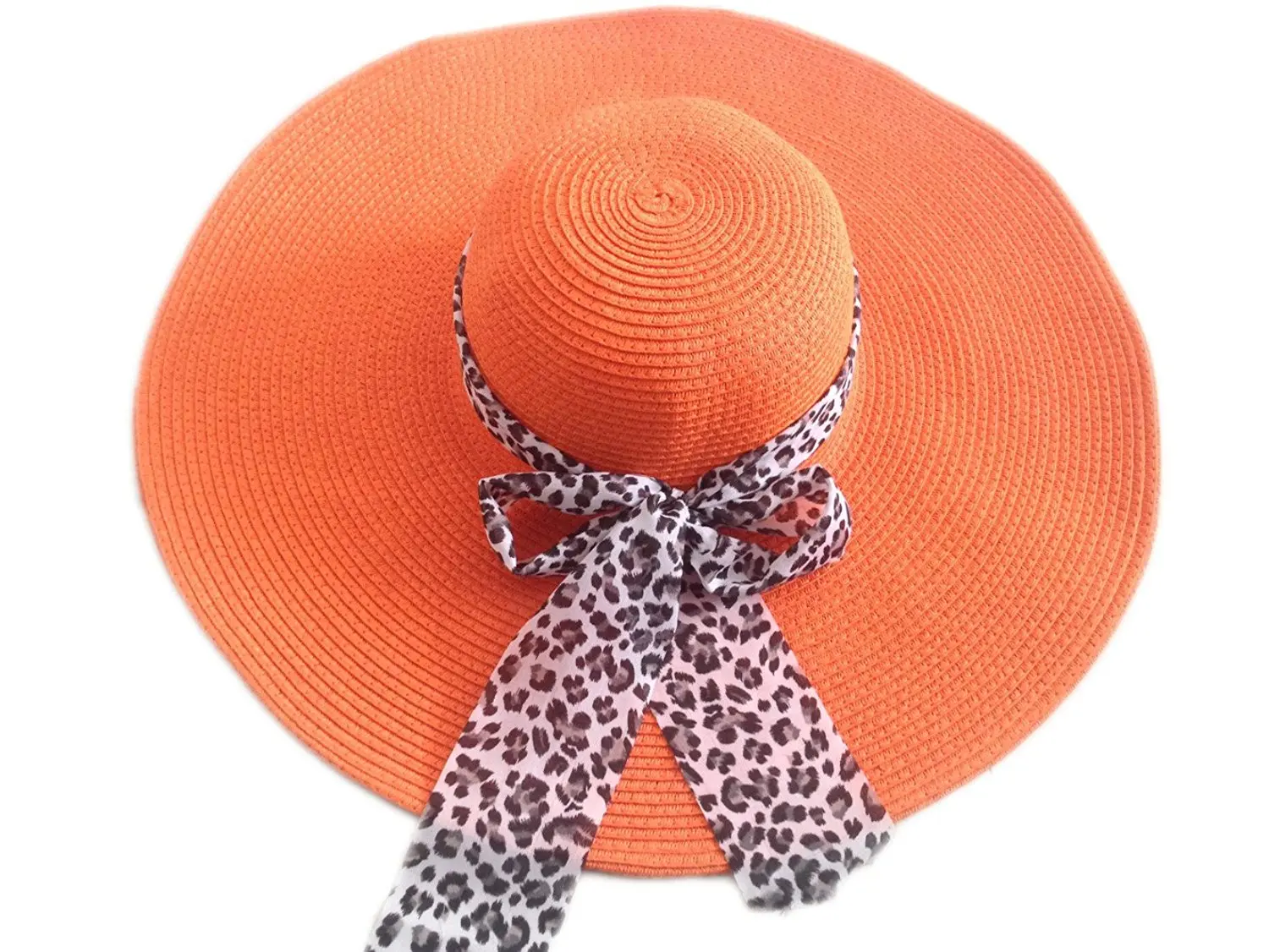 JTC Women Straw Sunhat Beach Cap Floppy Bowler Large Brim Leopard Ribbon Visor