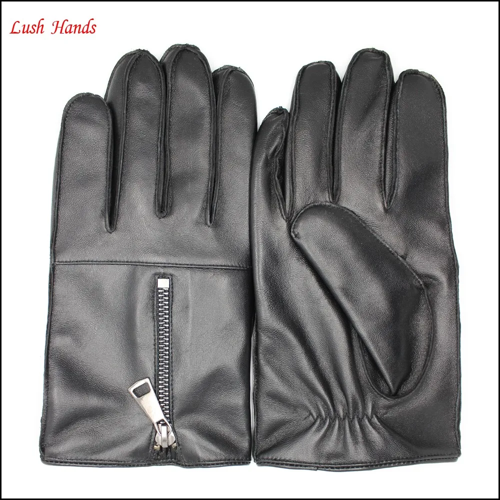men winter black sheepskin leather gloves with zipper