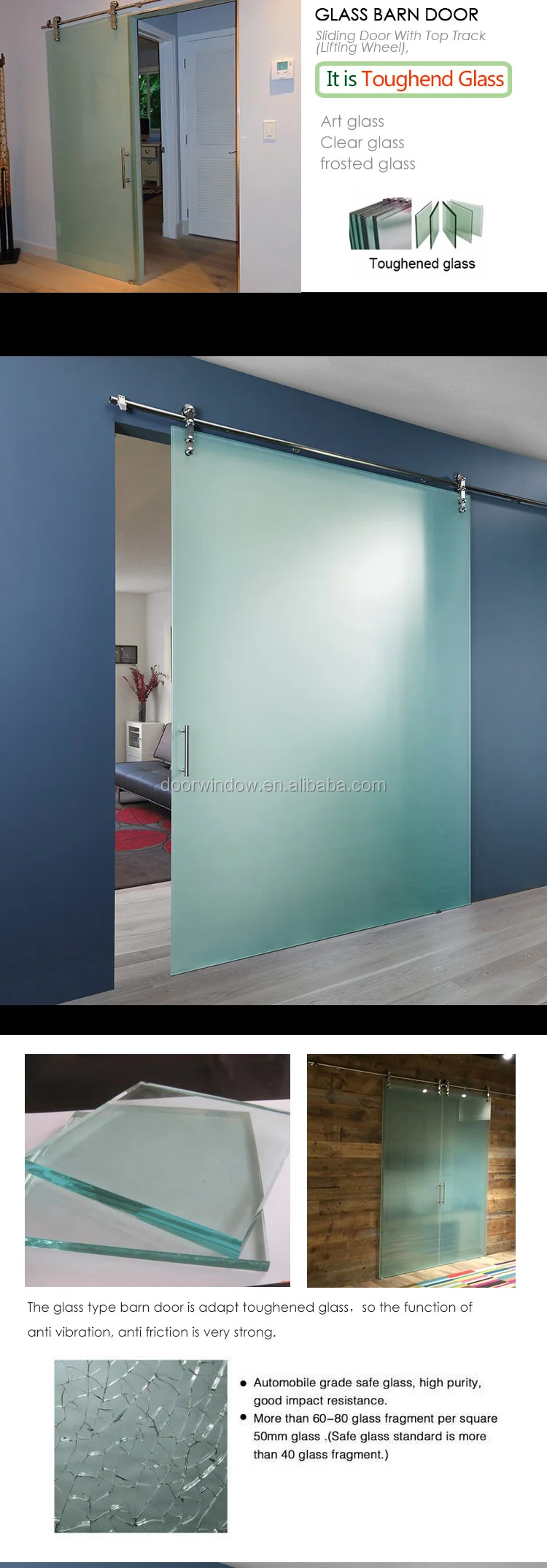 Blue fiberglass interior bathroom door waterproof sliding glass door with top track