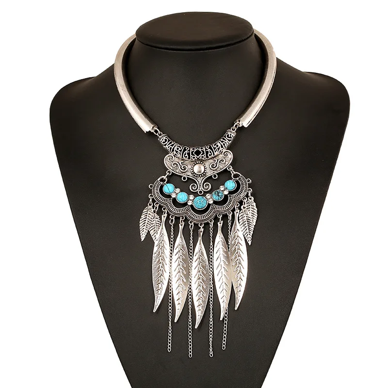 Maxi Necklace Boho Retro Ancient Silver plated Bead Leaf Tassel Pendant Necklace