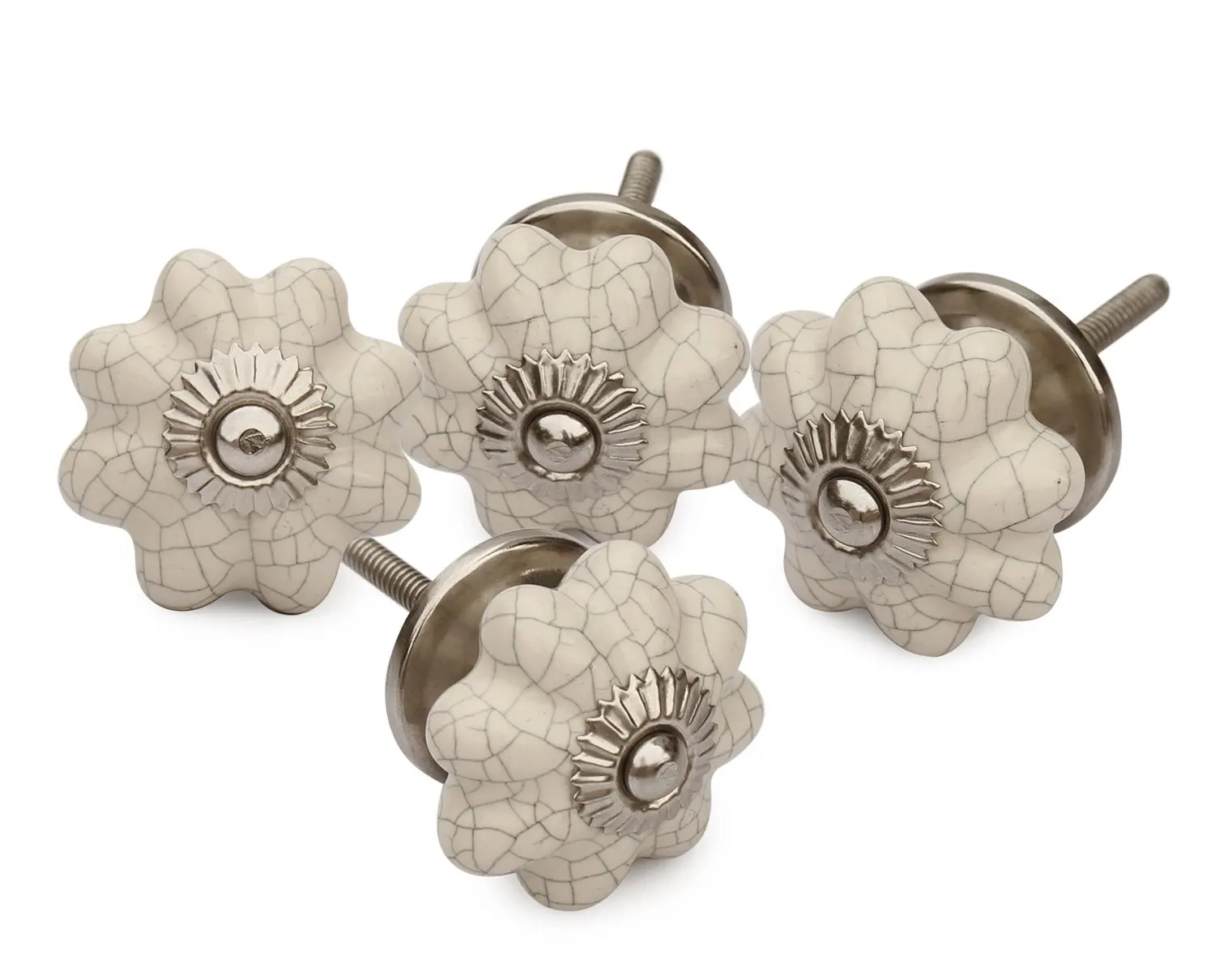 2018 - Set of 4 Ceramic White Pumpkin Decorative Antique Door Knobs- Interior Round Knobs and Pulls for Cabinet / Girls Dresser / Kids Cupboard / Kitchen Drawer Handles with Hardware Attached