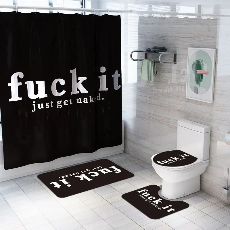 Customer printed black  3 pcs bathroom rug mat sets 1pc Printed Shower Curtain