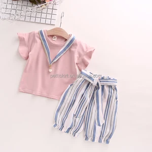 Summer Child clothes set girls clothing flying sleeves round neck t shirt baby striped wide leg pants two piece Summer Child clothes set girls clothing flying sleeves round neck t shirt baby striped wide leg pants two piece