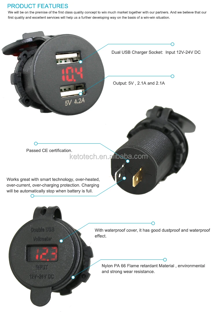 Car Dual USB Charger Voltmeter w// Cap Automatically Stop When Battery is Full