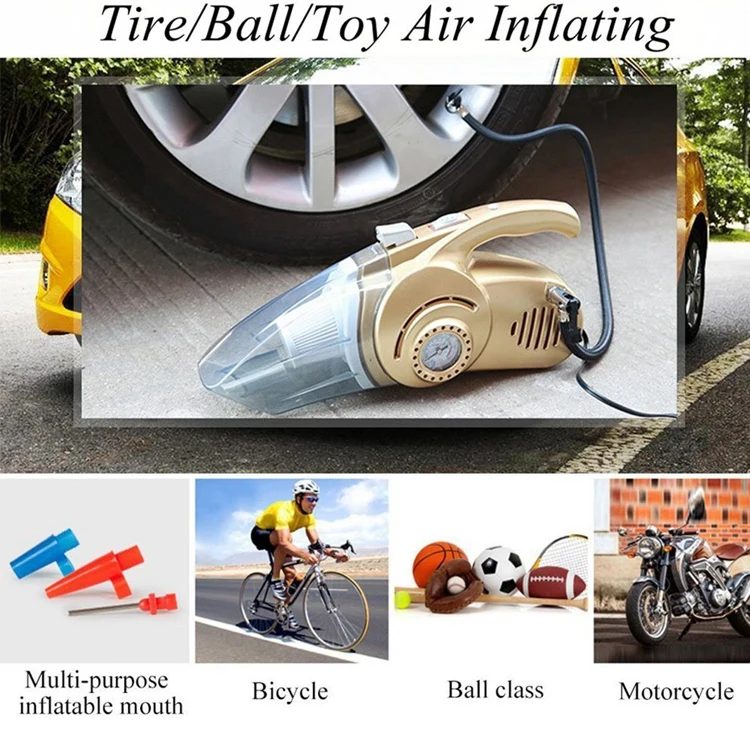 Hot selling multi-function 4 in 1 portable air pressure tire gauge led light car vacuum cleaner with tire inflator