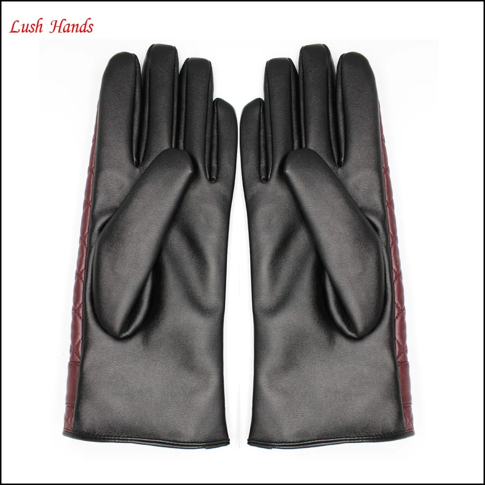 2016 ladies Pu leather glove classic embroidery and metal accessories two tone red and black PU leather gloves design ,