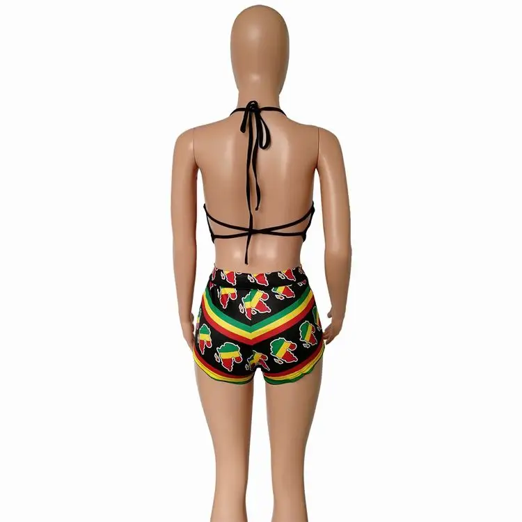 Women Swimwear Traditional African Print Bandage Push-up Bikini Bathing Suit Swimming Black Mesh Top and Print Shorts