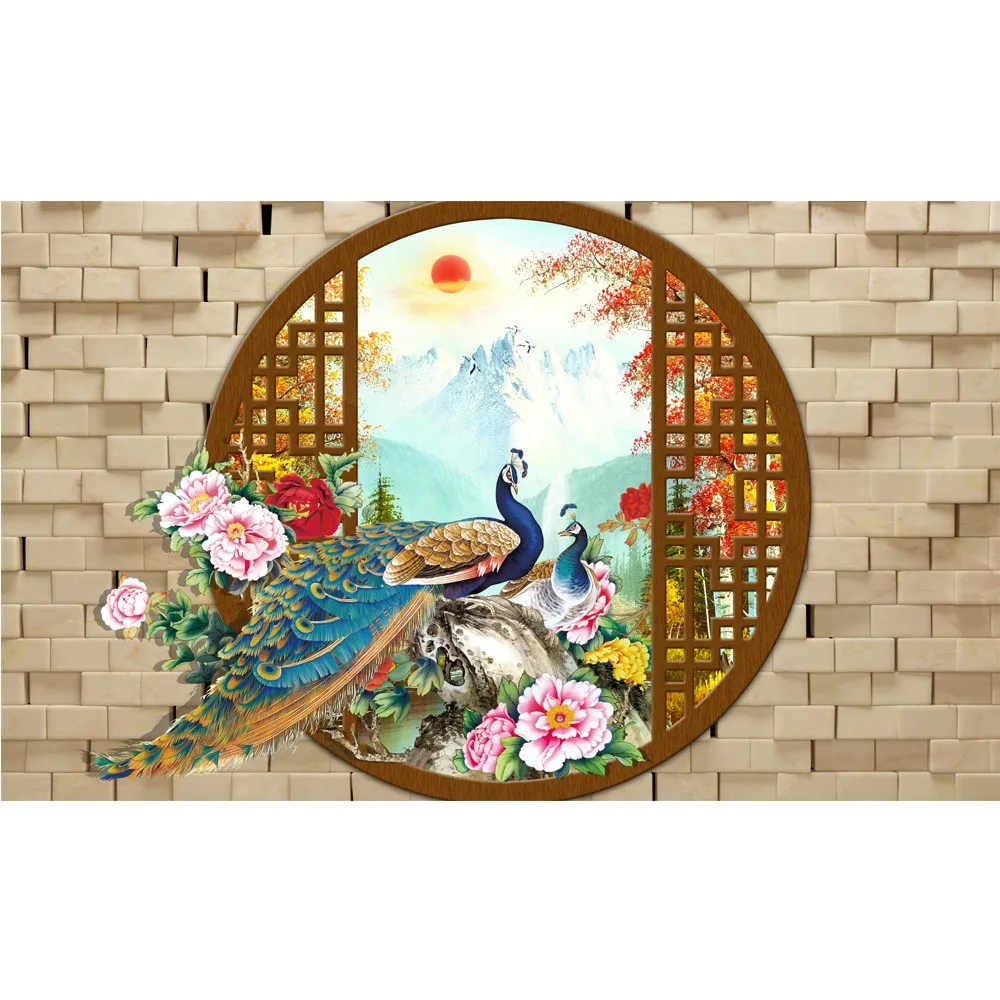 Window Landscape Chinese Design Peacock Wall Murals Wallpaper