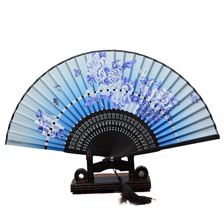 Wisteria Flower and Butterfly Design Japanese Bamboo Silk Fan Blue Color