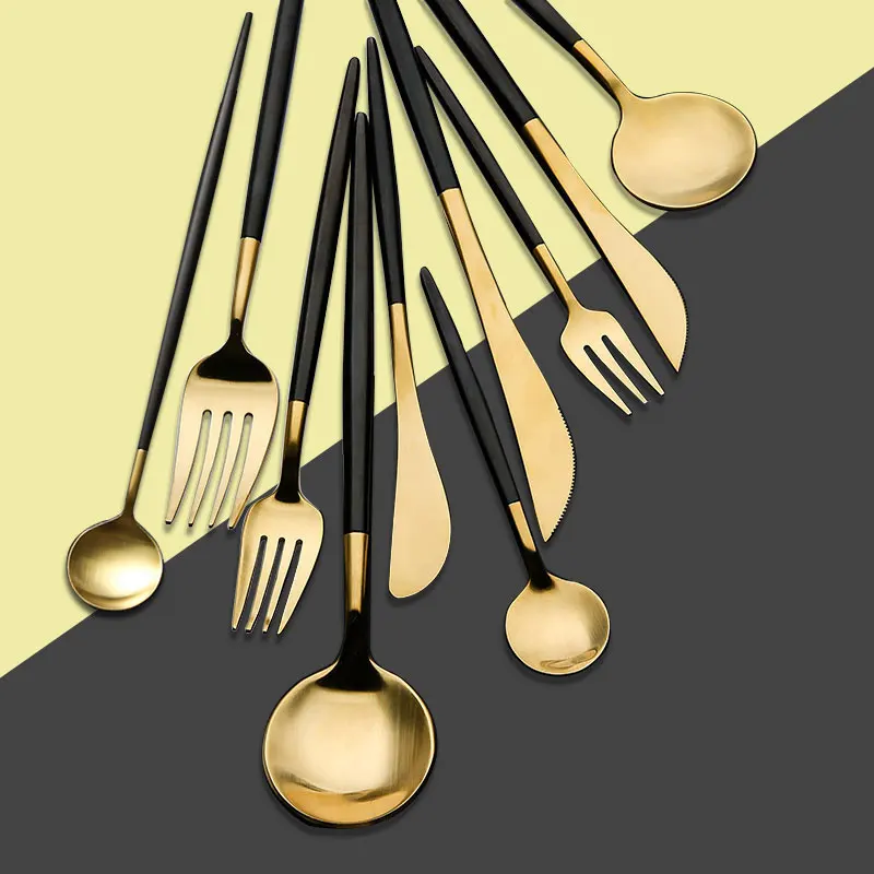 Wholesale Factory Matt Black And Gold Cutlery Set Stainless Steel