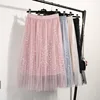 ZH2522G Elegant Tulle Long Pleated Skirt Women 2018 Summer floral Embroidery A-line tutu Lace mesh Skirt Women midi skirt