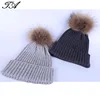 Classical Style Raccoon Fur Pom Pom Wool Blended Rib knitted Beanie