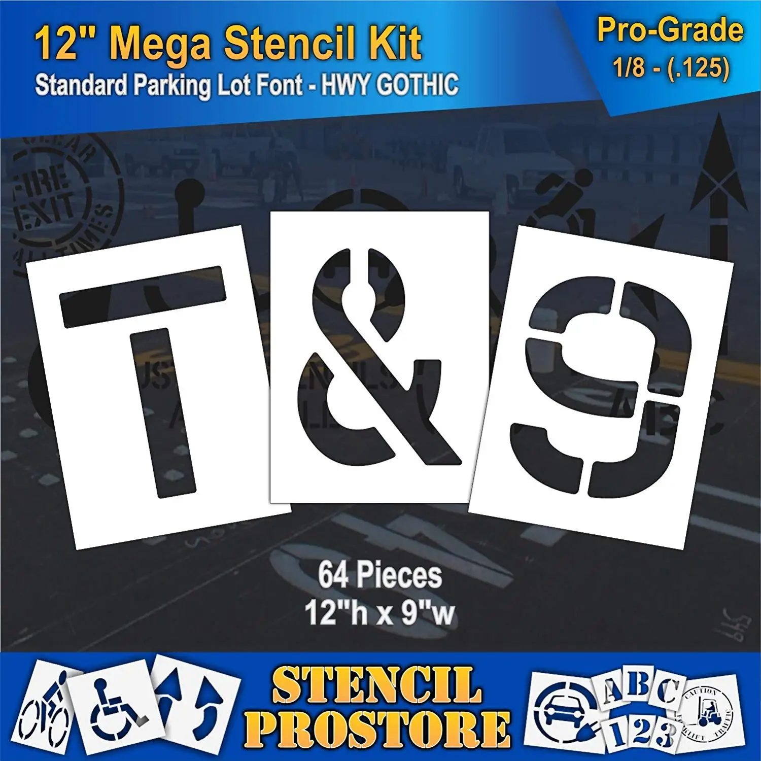 Pavement Stencils -12 inch MEGA ALPHA/NUM SET - (64 Piece) - 12" x 9" x 1/8" (128 mil) - Pro-Grade