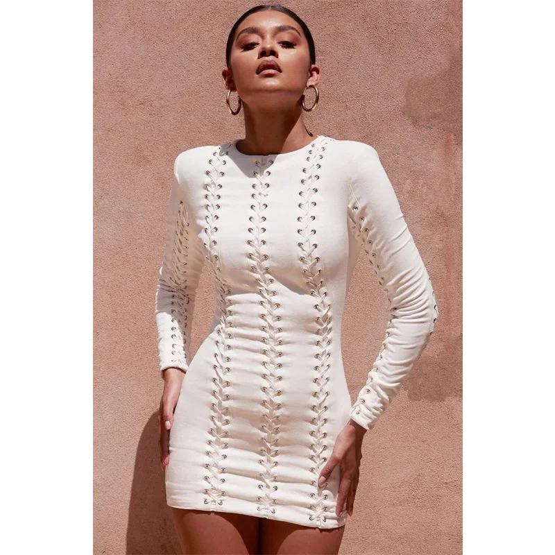 2019 Women Clothing White Color Autumn Long Sleeve Bodycon Bandage Womens Dresses Party