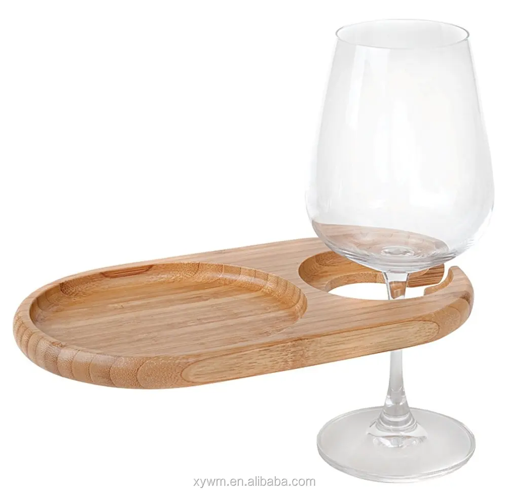Bamboo Woden Mini Oval Party Plate Food Tray With Builtin Stemware Holder Taking Wine Glass Cup