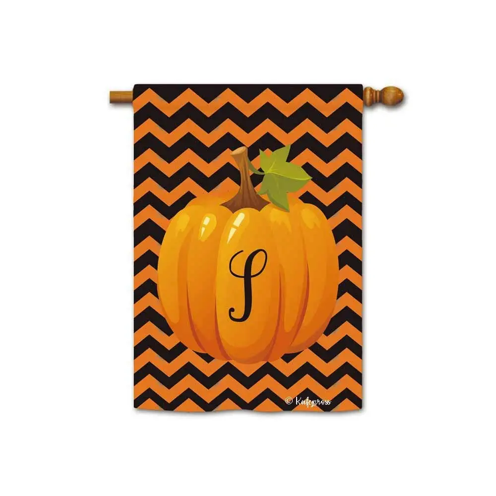 Kafepross Welcome to Fall Pumpkin Monogram S Decorative House Flag Letter Initial Stripes Autumn Deocr Banner for Inside and Outside 28"x40" Print Both Sides