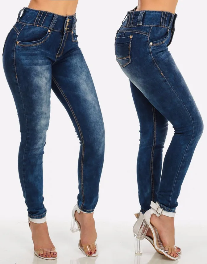 Royal Wolf Denim Jeans Manufacturer Dark Blue Bleached Wash High Waist Butt Lifting Skinny