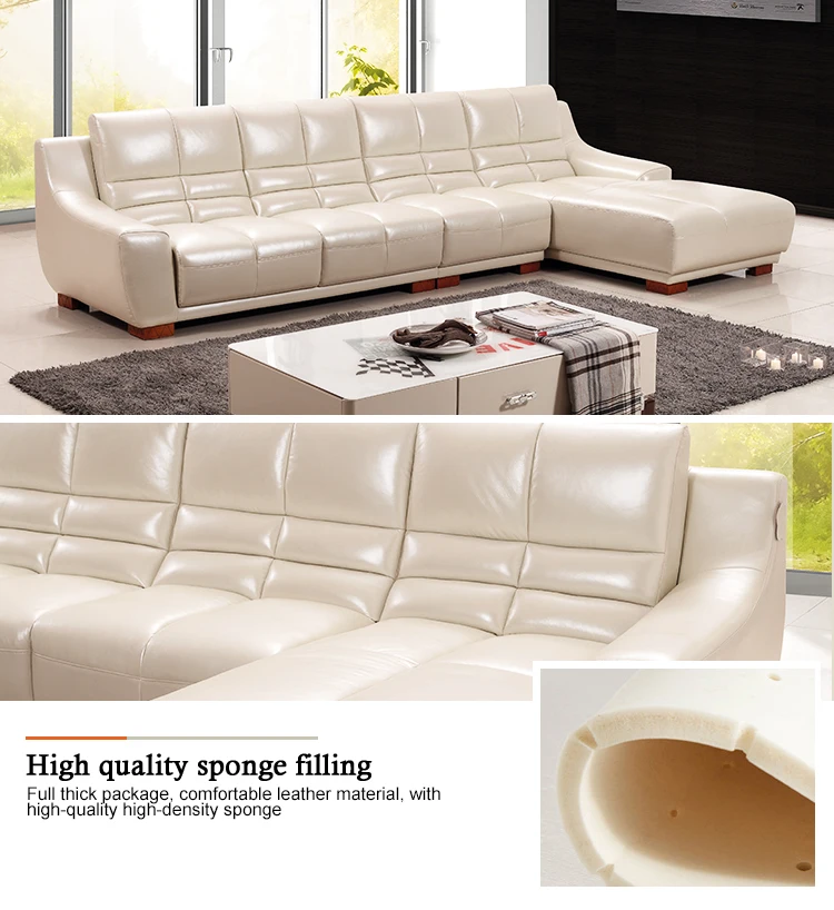 Living Room L Shape Corner Sectional Beige Colored Genuine Leather Sofa ...