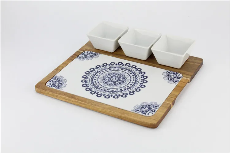 Non-slip wooden base custom printed ceramic serving tray with sauce bowls