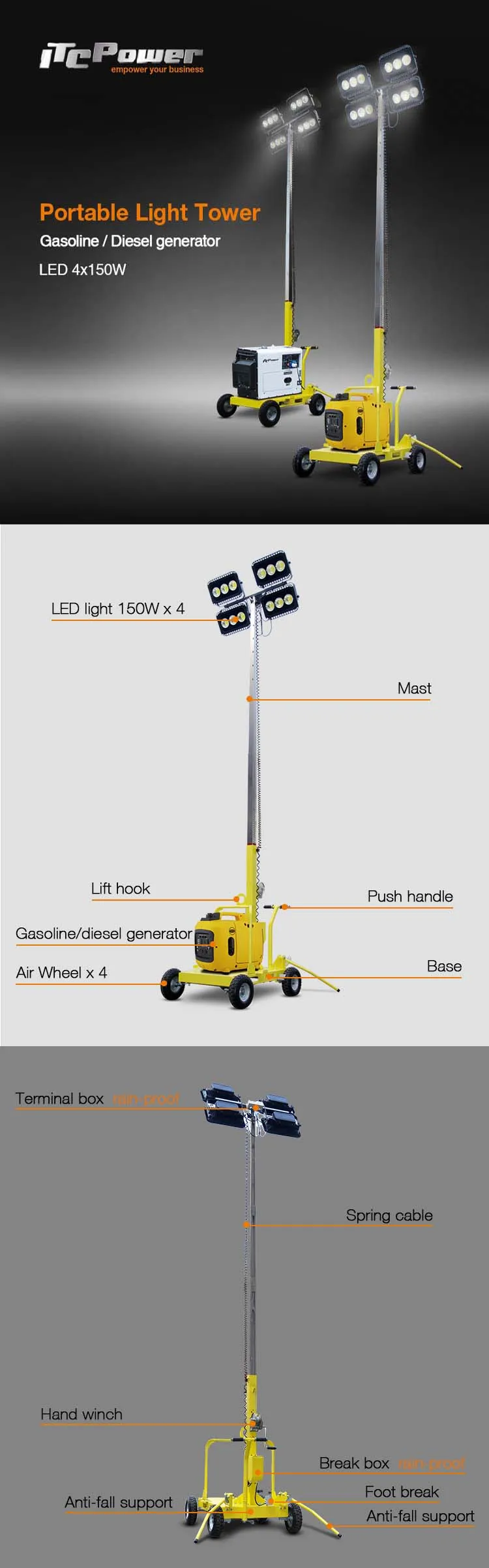 mobile portable light tower with diesel generator