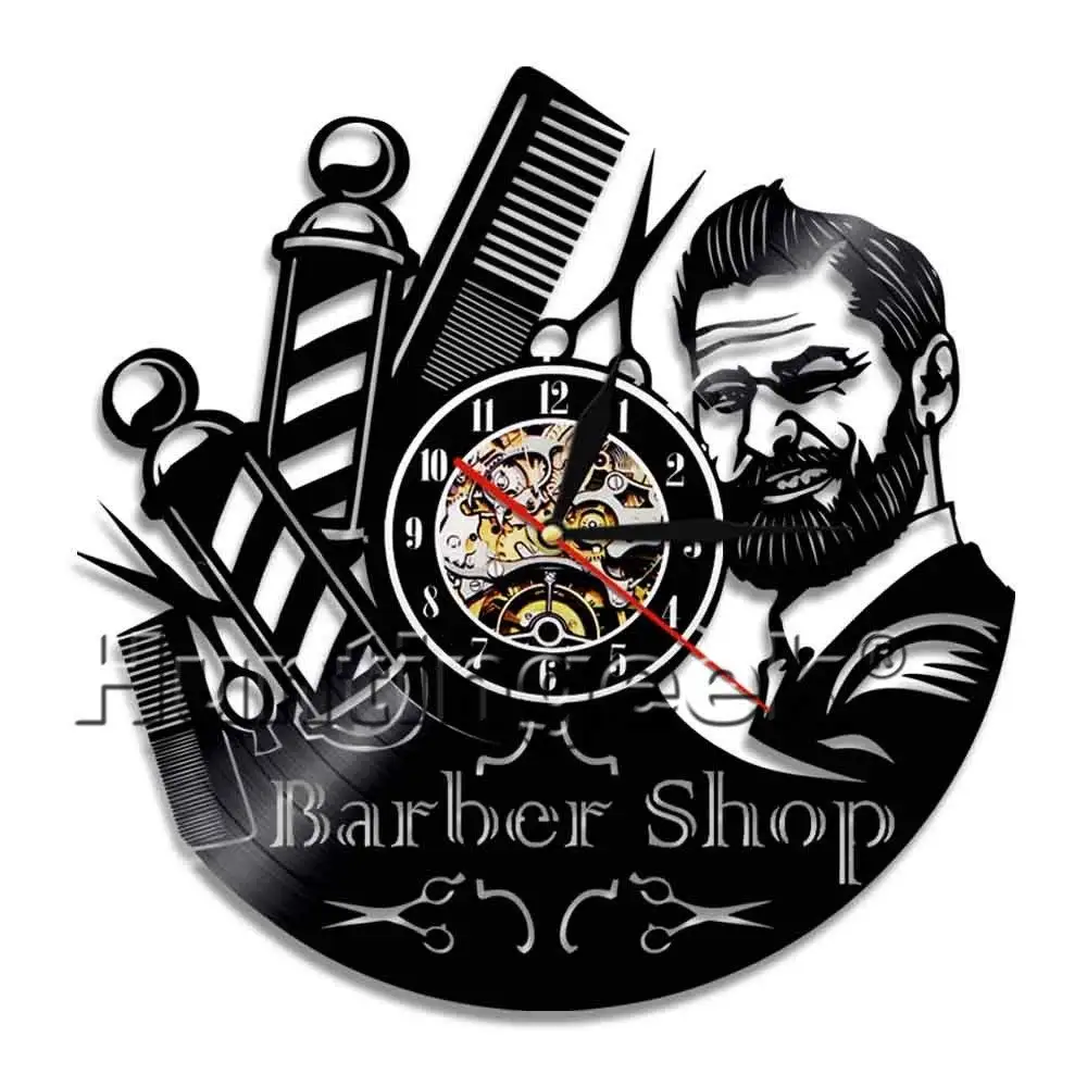 Barber Shop Decorative Wall Clock Hairdresser Vinyl Record Clock Antique Barber Hairstylist Clock Fans of Fashion Barber Gifts (Without LED)