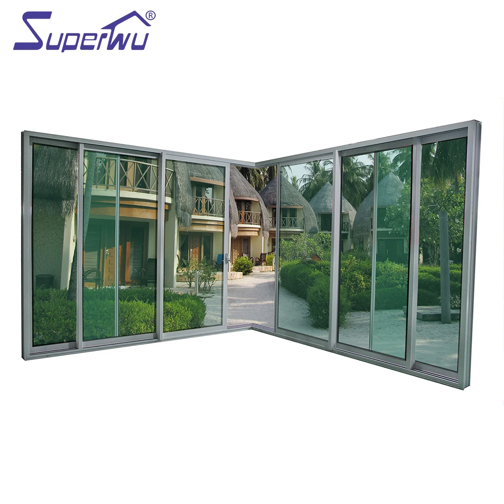 Solution to USA market commercial aluminium three rails six panels corner sliding doors