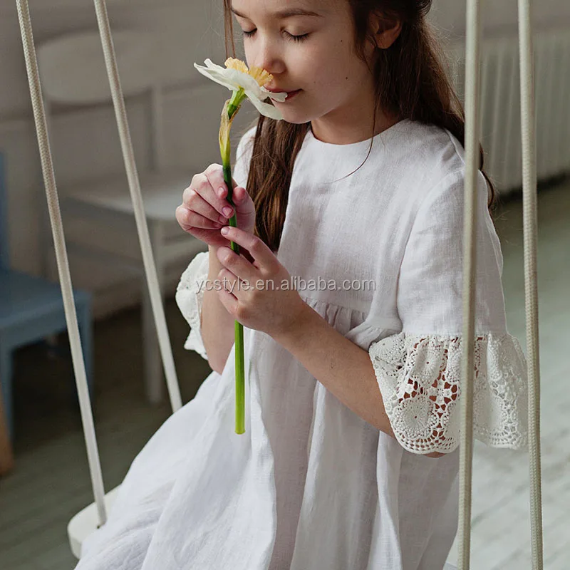 White Linen Flower Girl Dress,Wholesale High Quality Boutique Babtism