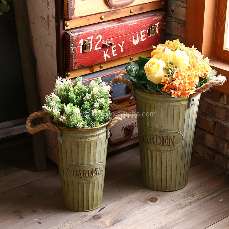 Vintage Decorative Garden Galvanized Metal Flower Pot Tall Vase Planter