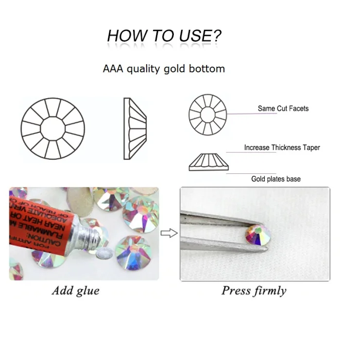 Oleeya Wholesale 3A SS3-SS40 Crystal and Crystal AB Glass Gold Flat Back Nail Rhinestones for Nails Art Decoration