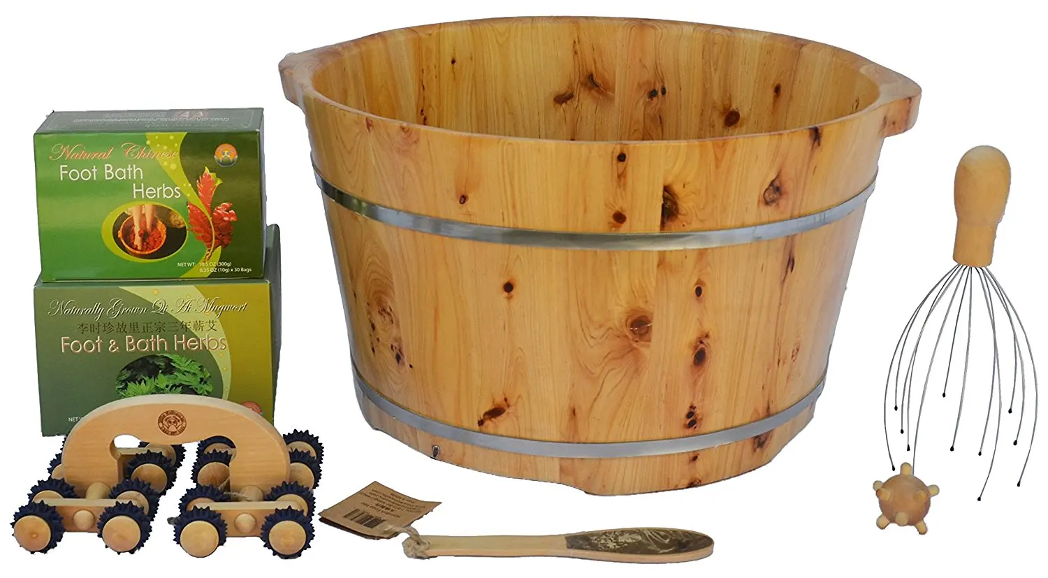 Shine New Arrivals Foot Soak Spa Bundle- 7 items: Cedar Wood Foot Soak Tub, Chinese Foot Soak Herbs, Mugwort Bath Herbs, Wooden 16 Wheel Contour Moon Car Body Massager, Head/Scalp Massager