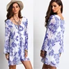 collection high fashion floral print chiffon v neck blue and white women dress