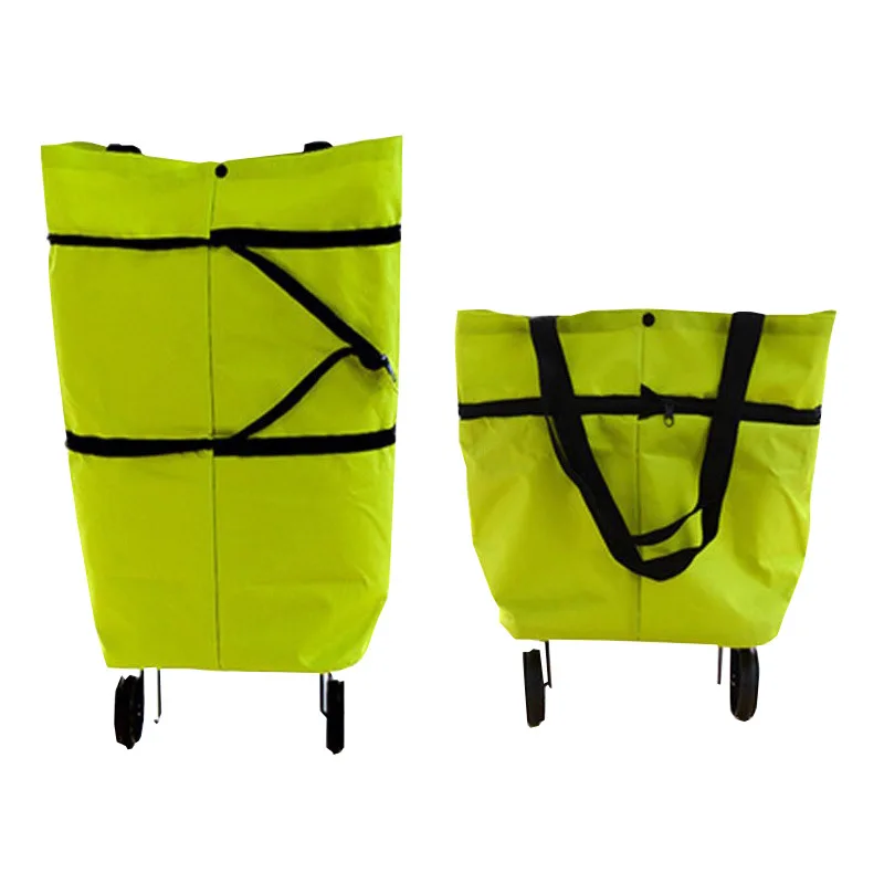 Green Polyester Grocery Foldable Vegetable Shopping Trolley Bag With 2