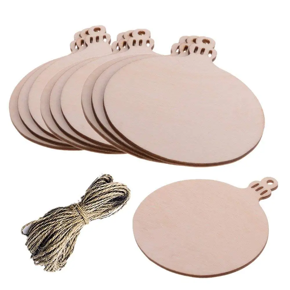 Pack of 10 Christmas Round Wooden Blank Wood Gift Tags Crafts Wood Slices with Holes Cutouts for Kids Crafts Christmas Tree Decoration with 20 Meters Twine