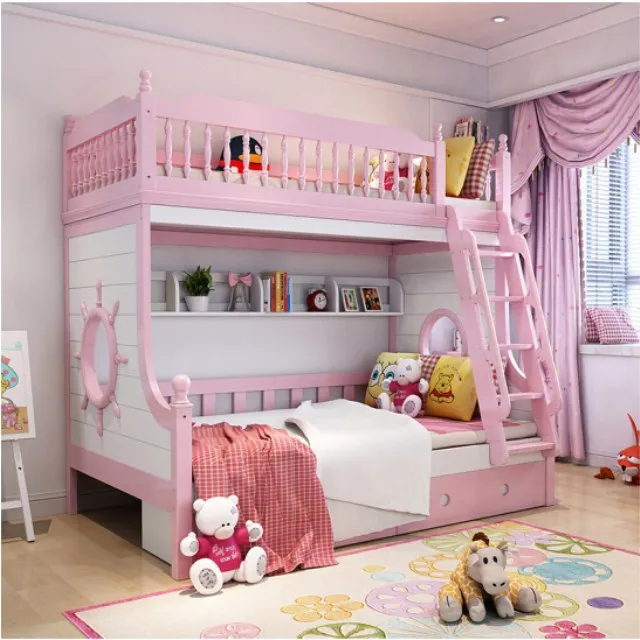 Solid Wood Pink White Princess Kids Bunk Beds Bedroom Solid Wood Pink White Princess