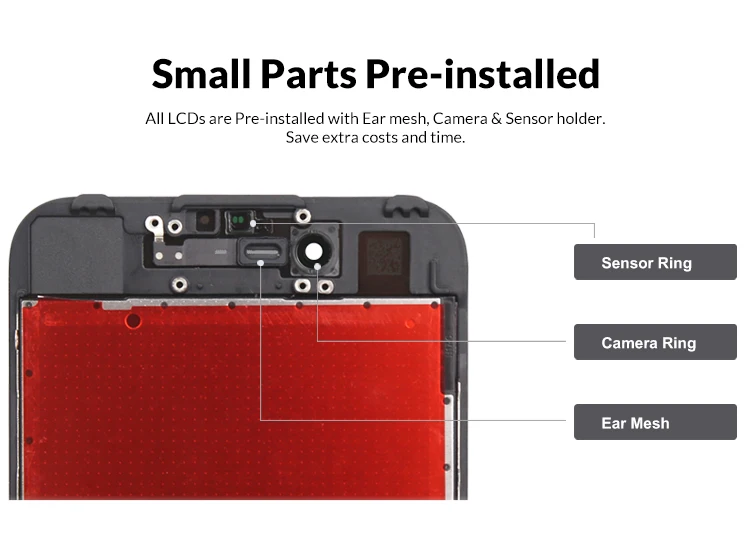 hot sale for apple iphone 6g 6s 7g 8g lcd + earmesh+sensor ring + camera ring assembly incell