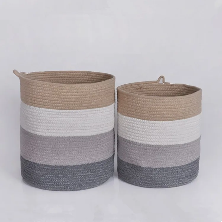 Wholesale handmade design decorative small woven grey cotton rope baskets for laundry plants storage