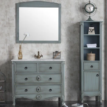 90cm Rustic Solid Wood Turquoise Bathroom Vanity Unit With Marble 90cm Rustic Solid Wood Turquoise Bathroom Vanity Unit With Marble Yxl 1801