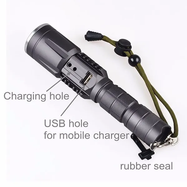 Zoom Rechargeable USB Power Bank Flashlight Torch with XM-L2 T6 LED