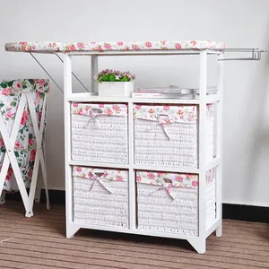 White Wooden Folding Ironing Board Storage Cabinet With Wicker Baskets White Wooden Folding Ironing Board Storage Cabinet With Wicker Baskets