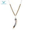 Handmade brown natural stone beads match porcelain white stone beads pendant agate horn necklace