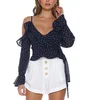 Summer Sexy Deep V Neck Strap Ruffles Navy Tops for Ladies