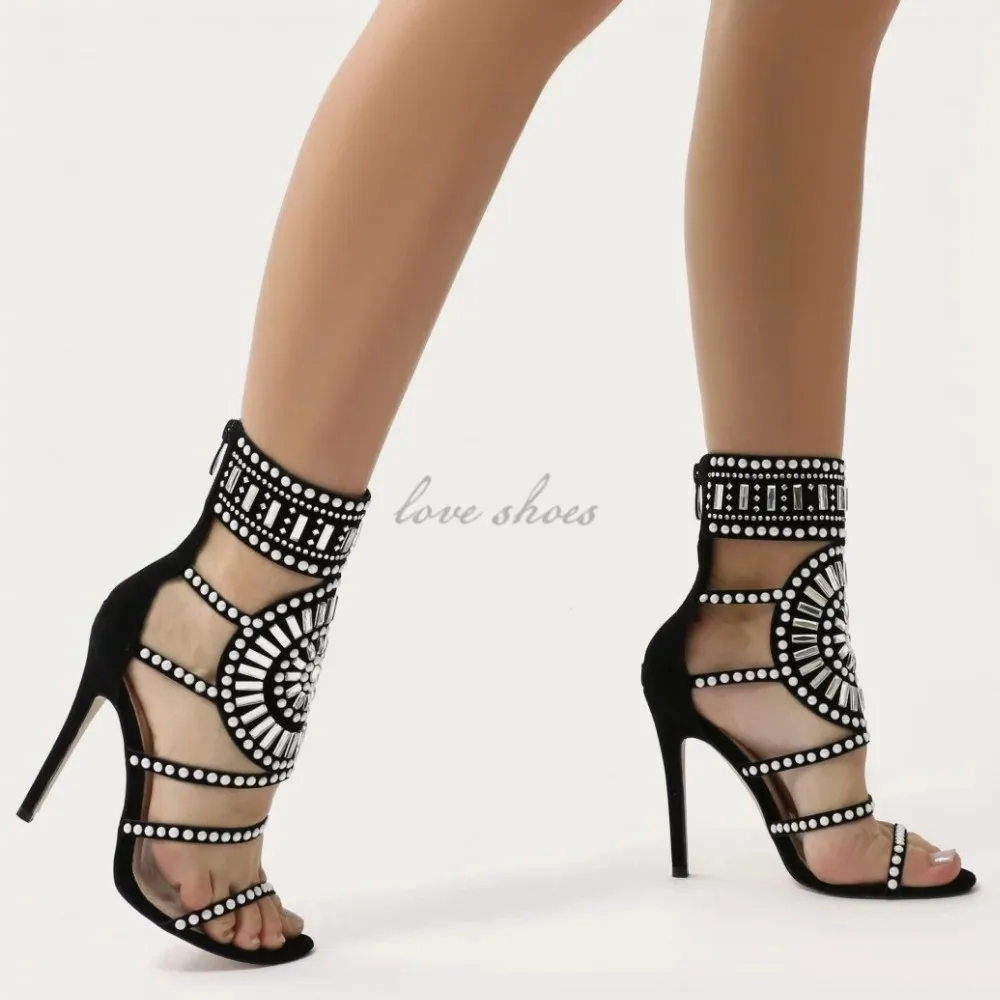 Embellished Stiletto Heels In Black Suede Women Sandals 2017 New Model ...