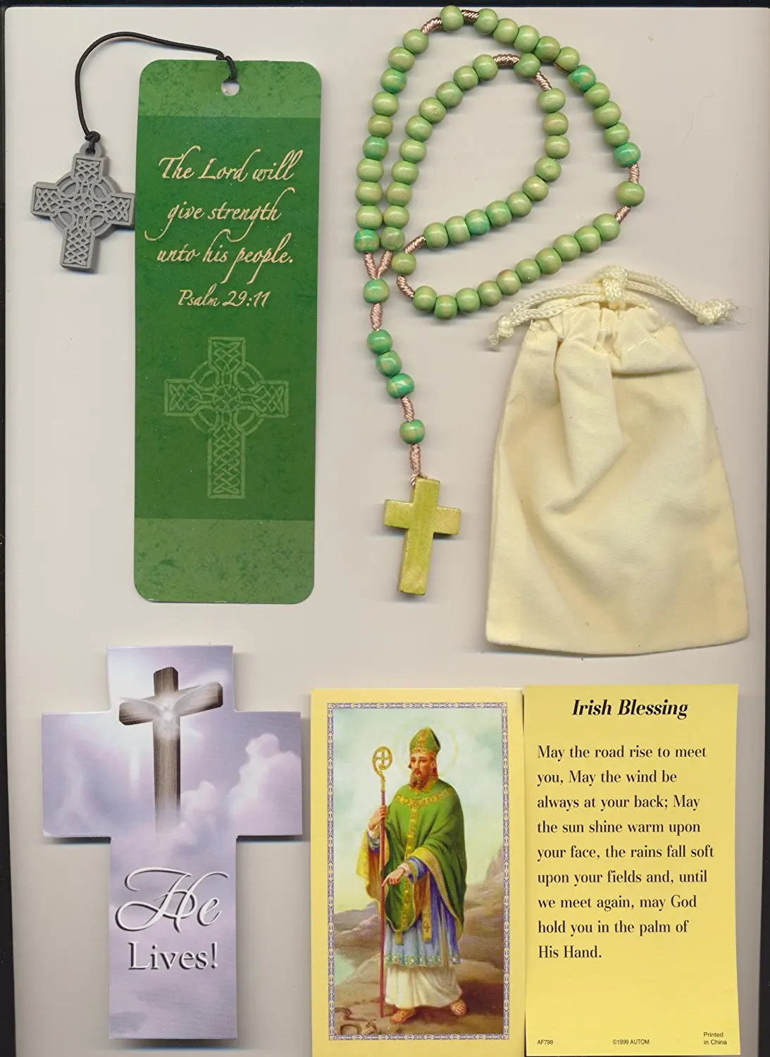 Green Wood Irish Rosary with Saint Patrick Holy Card, Celtic Religious Blessing Bookmark Plus Velour Bag and Cross Bookmark